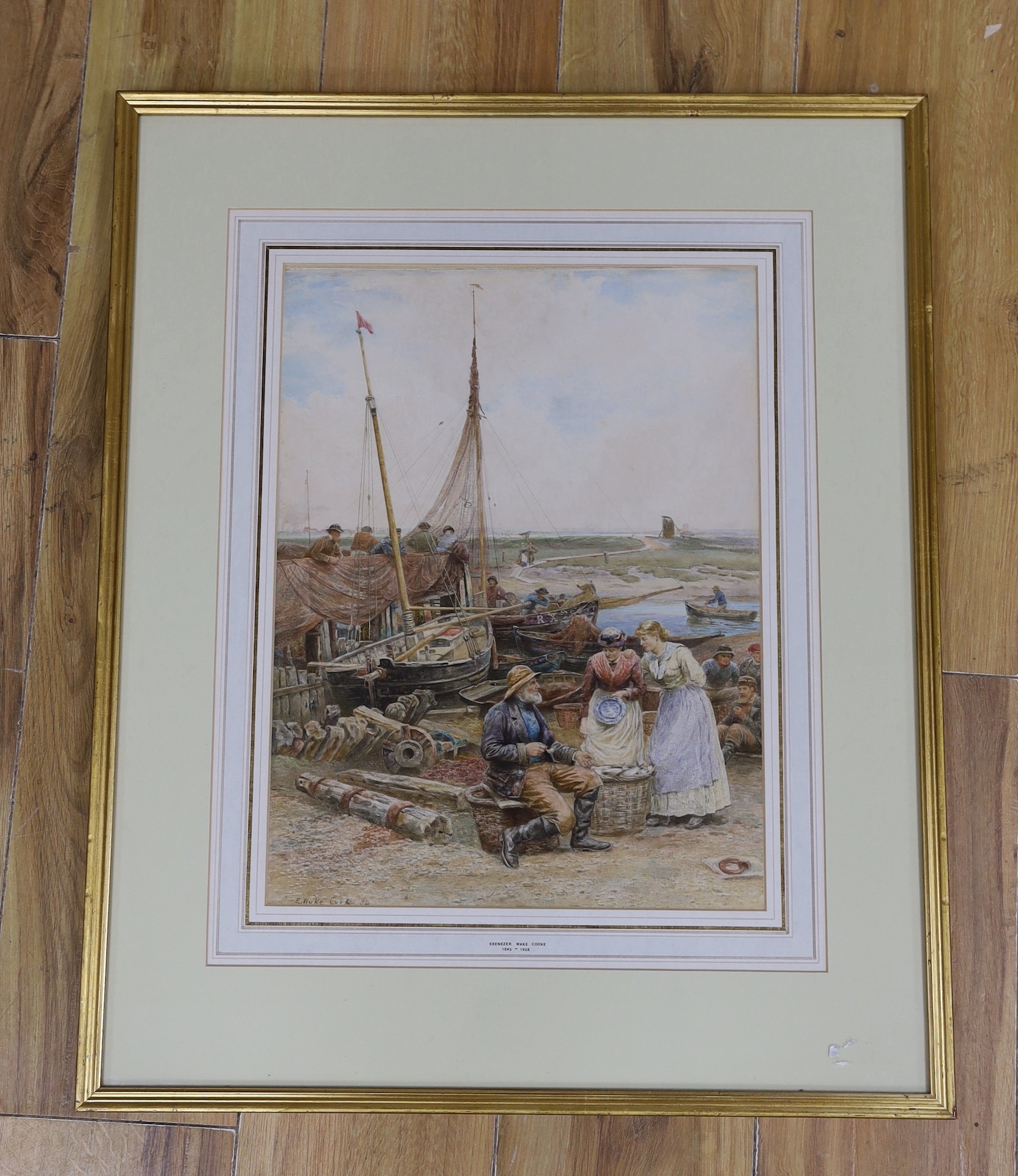 Ebenezer Wake Cooke (1843-1926), watercolour, Selling the day's catch', signed and dated 1884, Agnews label verso, 41 x 31cm